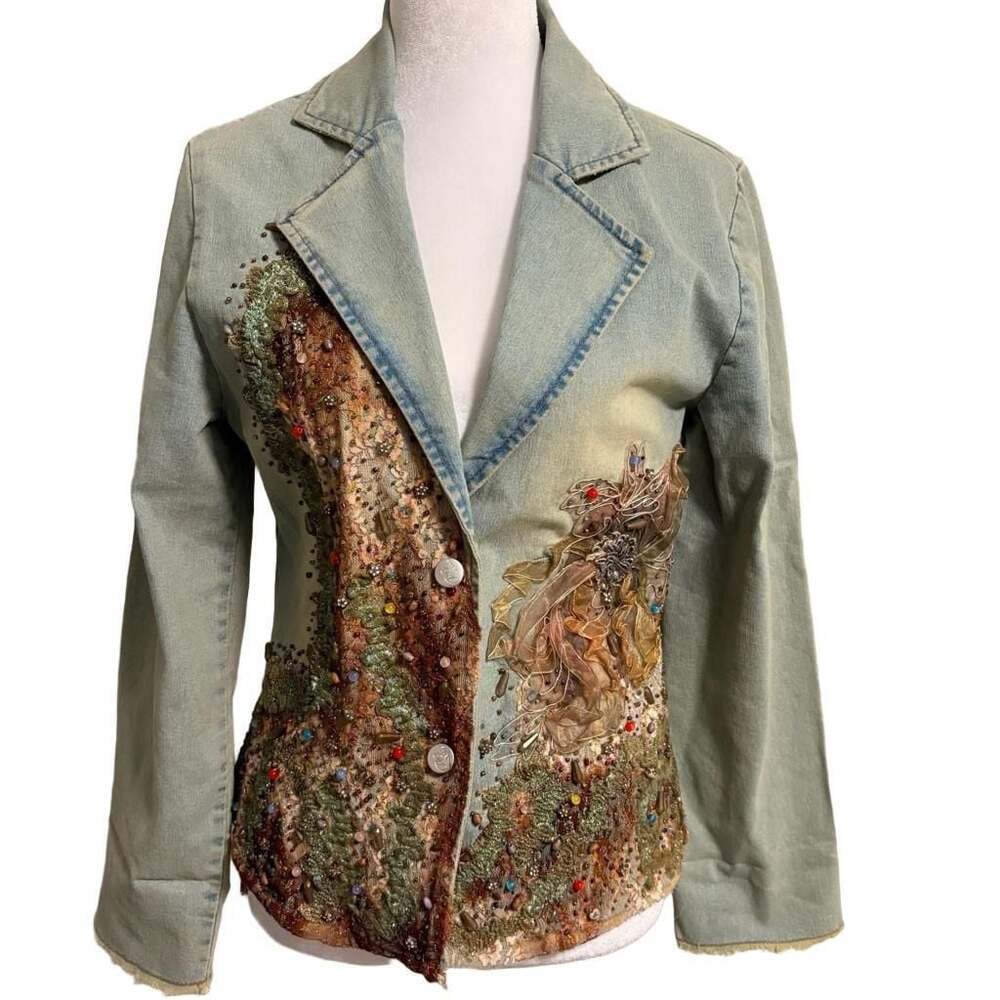 Black Cat Artsy Blue Beaded Laced Jean Blazer Mermaid Woodland Fairy Grunge L